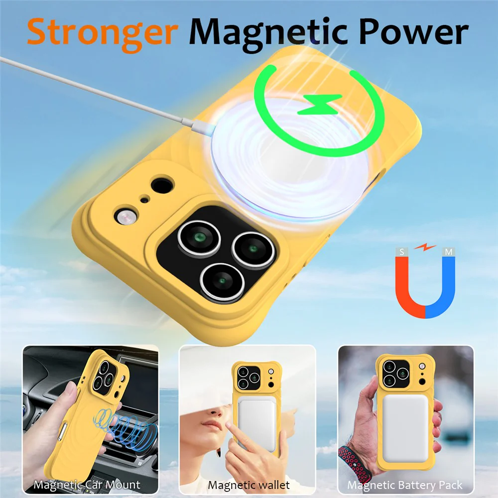 For iPhone 17 Pro Max Case Compatible with MagSafe Ripple Texture Liquid Silicone Protective Cover with Strap - Yellow - Image 5