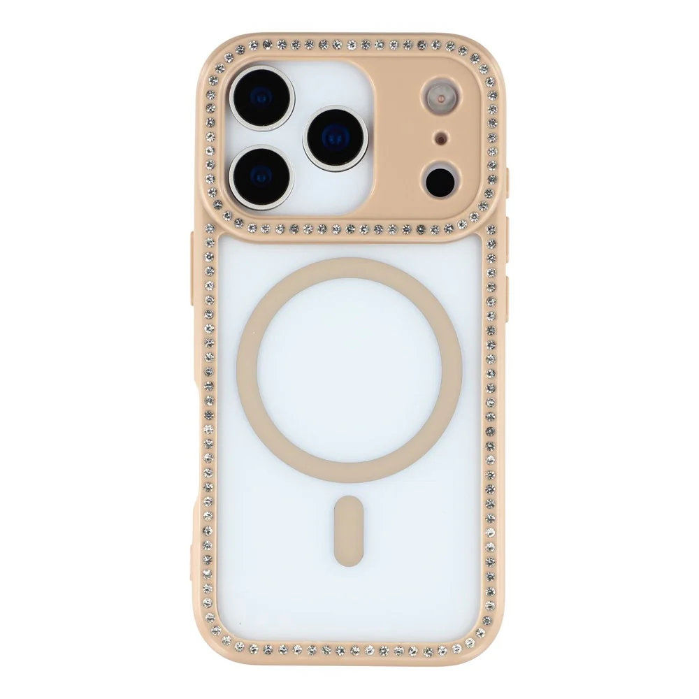 For iPhone 17 Pro Max Case Compatible with MagSafe Sparkling Rhinestone Decor TPU + PC Clear Phone Back Cover - Brown - Image 3