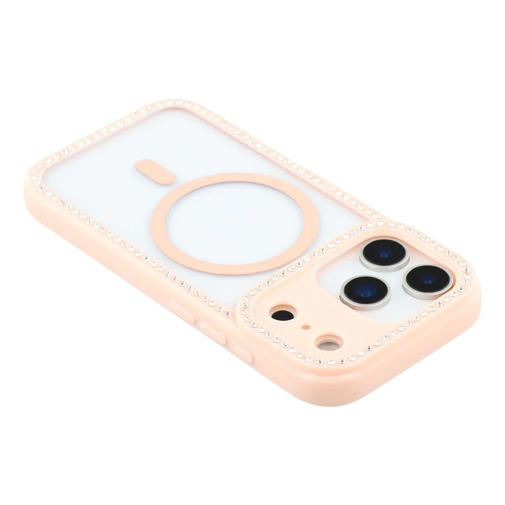 For iPhone 17 Pro Max Case Compatible with MagSafe Sparkling Rhinestone Decor TPU + PC Clear Phone Back Cover - Pink - Image 5