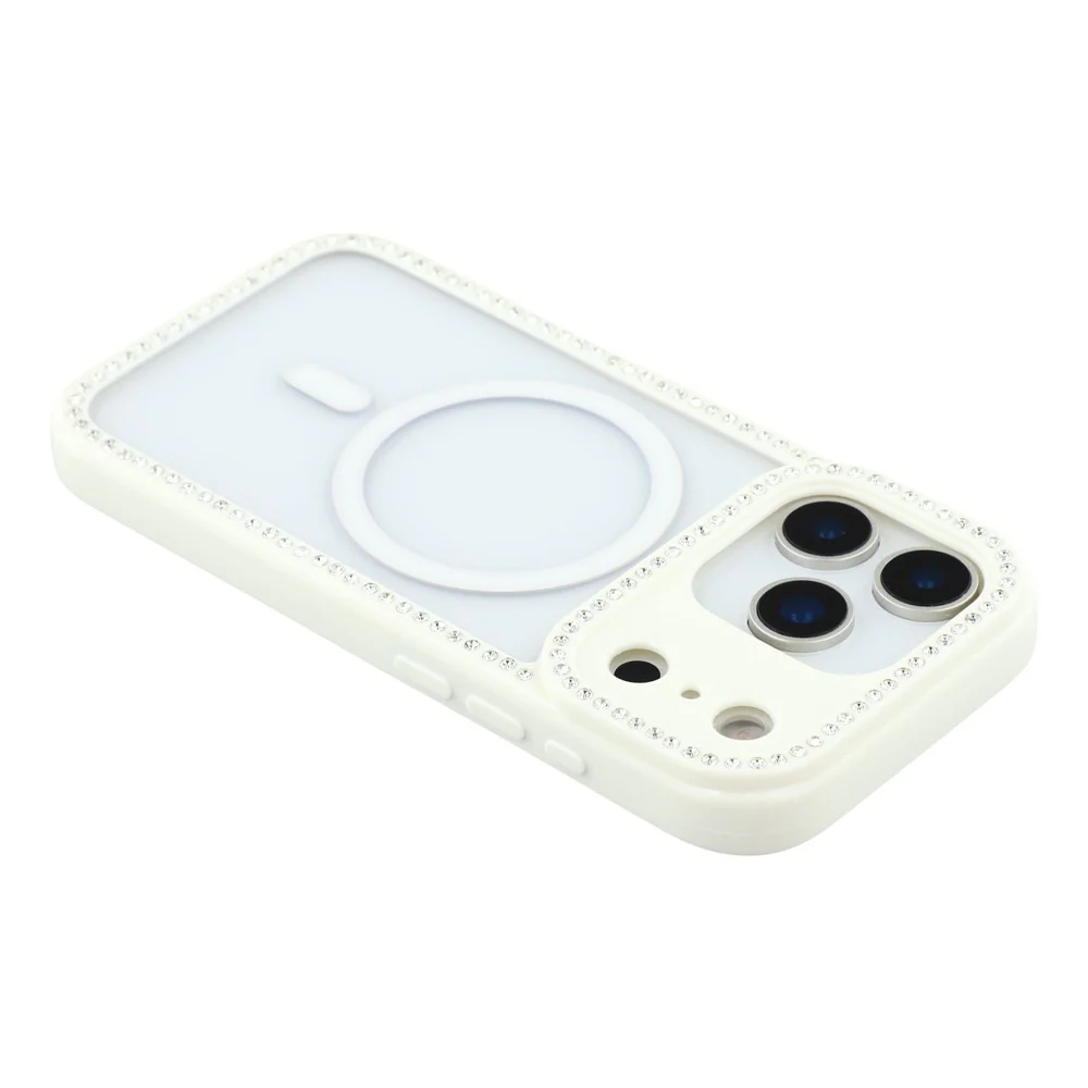 For iPhone 17 Pro Max Case Compatible with MagSafe Sparkling Rhinestone Decor TPU + PC Clear Phone Back Cover - White - Image 5