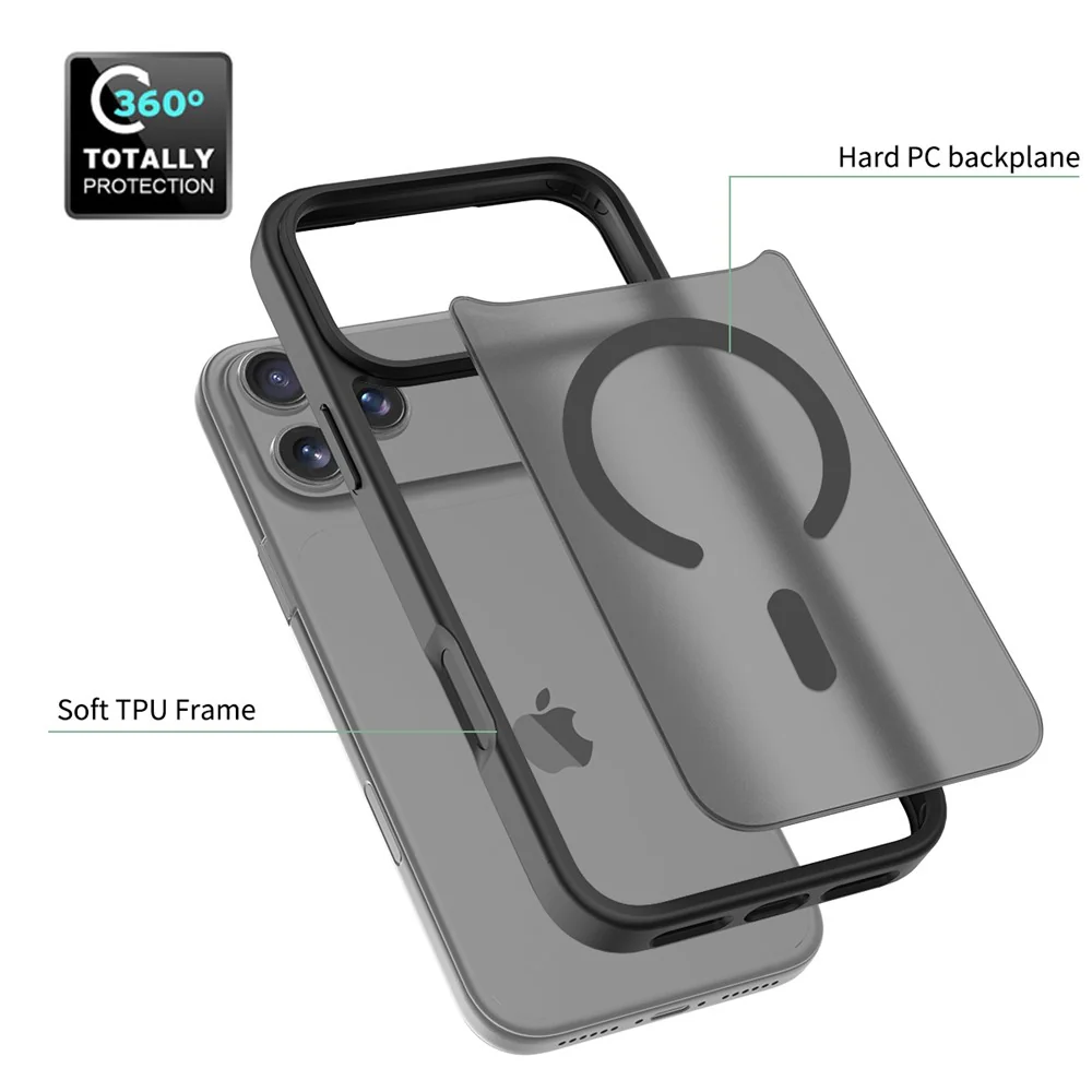 For iPhone 17 Pro Max Case Compatible with MagSafe TPU Frame Acrylic Back Phone Cover Skin Touch - Black - Image 3