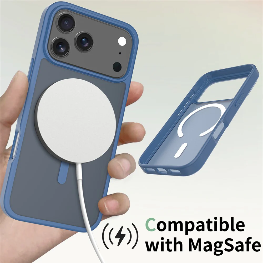 For iPhone 17 Pro Max Case Compatible with MagSafe TPU Frame Acrylic Back Phone Cover Skin Touch - Blue - Image 5