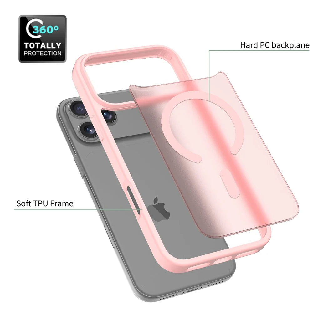 For iPhone 17 Pro Max Case Compatible with MagSafe TPU Frame Acrylic Back Phone Cover Skin Touch - Pink - Image 3