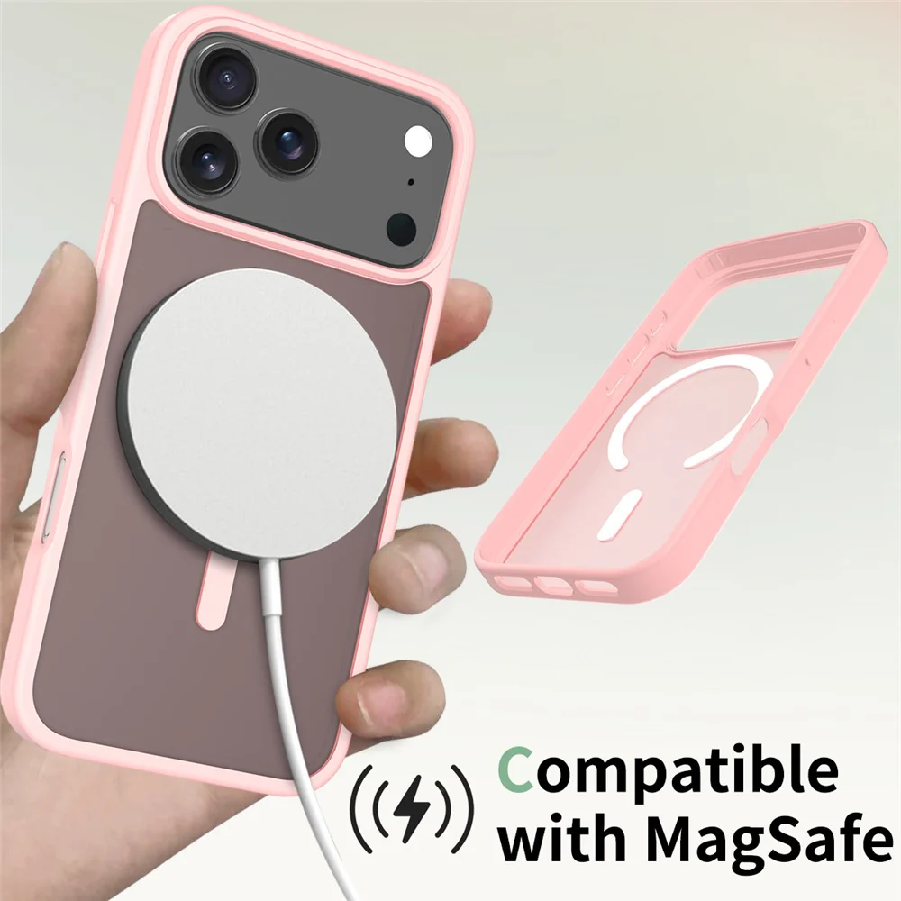 For iPhone 17 Pro Max Case Compatible with MagSafe TPU Frame Acrylic Back Phone Cover Skin Touch - Pink - Image 5