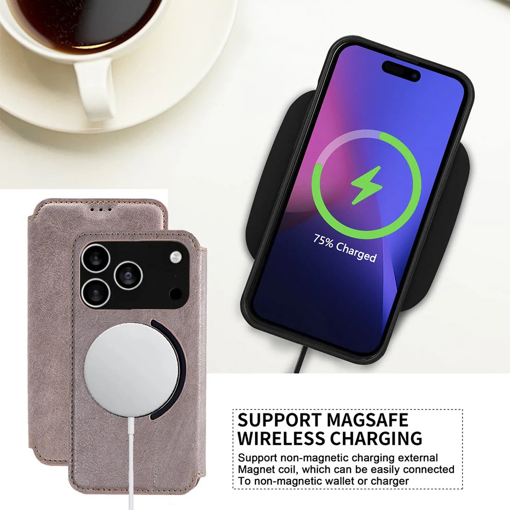 For iPhone 17 Pro Max Case Compatible with MagSafe Wallet Stand Leather Flip Phone Cover - Black - Image 4