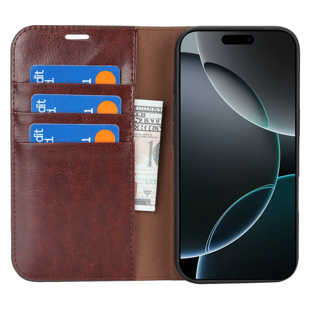 For iPhone 17 Pro Max Case Crazy Horse Texture Split Leather Wallet Phone Cover - Dark Brown - Image 2