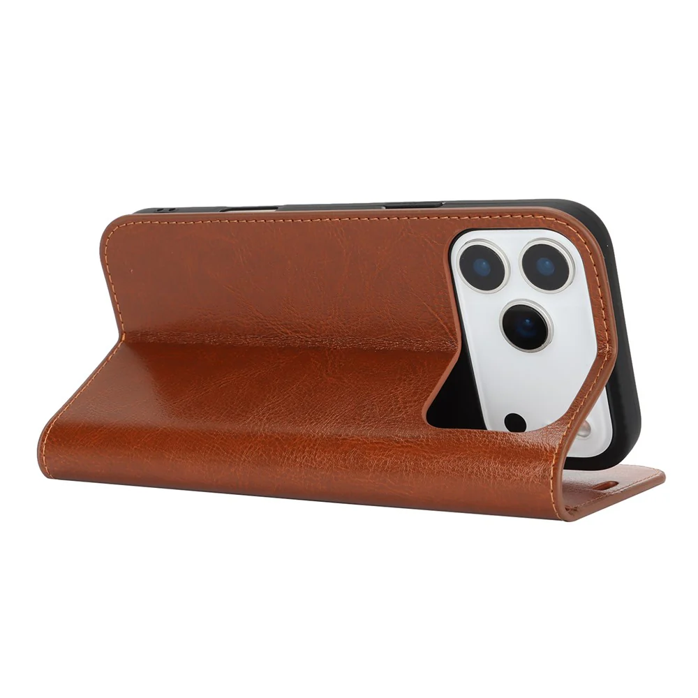 For iPhone 17 Pro Max Case Crazy Horse Texture Split Leather Wallet Phone Cover - Light Brown - Image 4