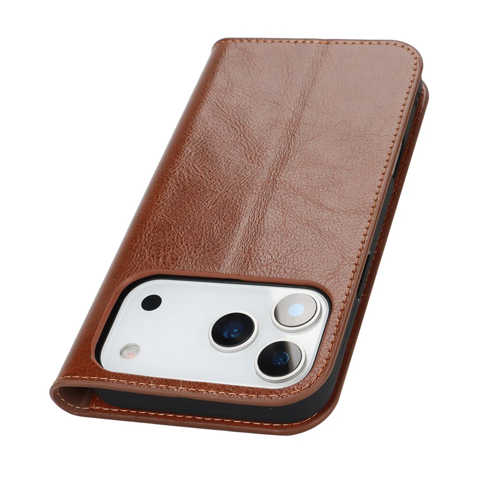 For iPhone 17 Pro Max Case Crazy Horse Texture Split Leather Wallet Phone Cover - Light Brown - Image 6
