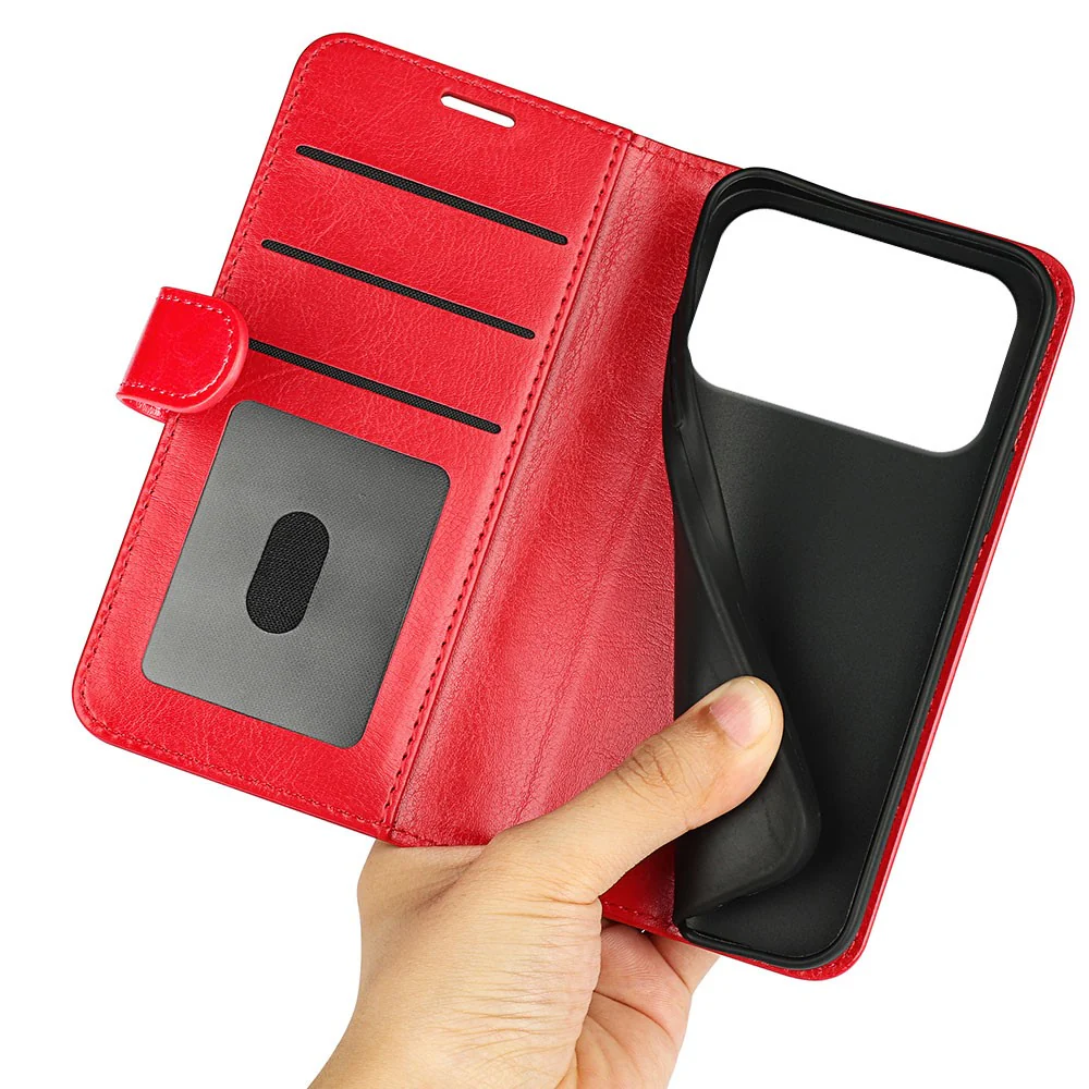 For iPhone 17 Pro Max Case Crazy Horse Texture Stand Leather Phone Cover - Red - Image 3