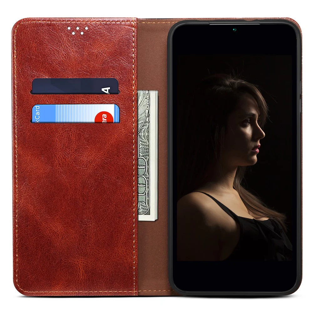 For iPhone 17 Pro Max Case Crazy Horse Texture Waxy Leather Wallet Stand Phone Cover - Brown - Image 2