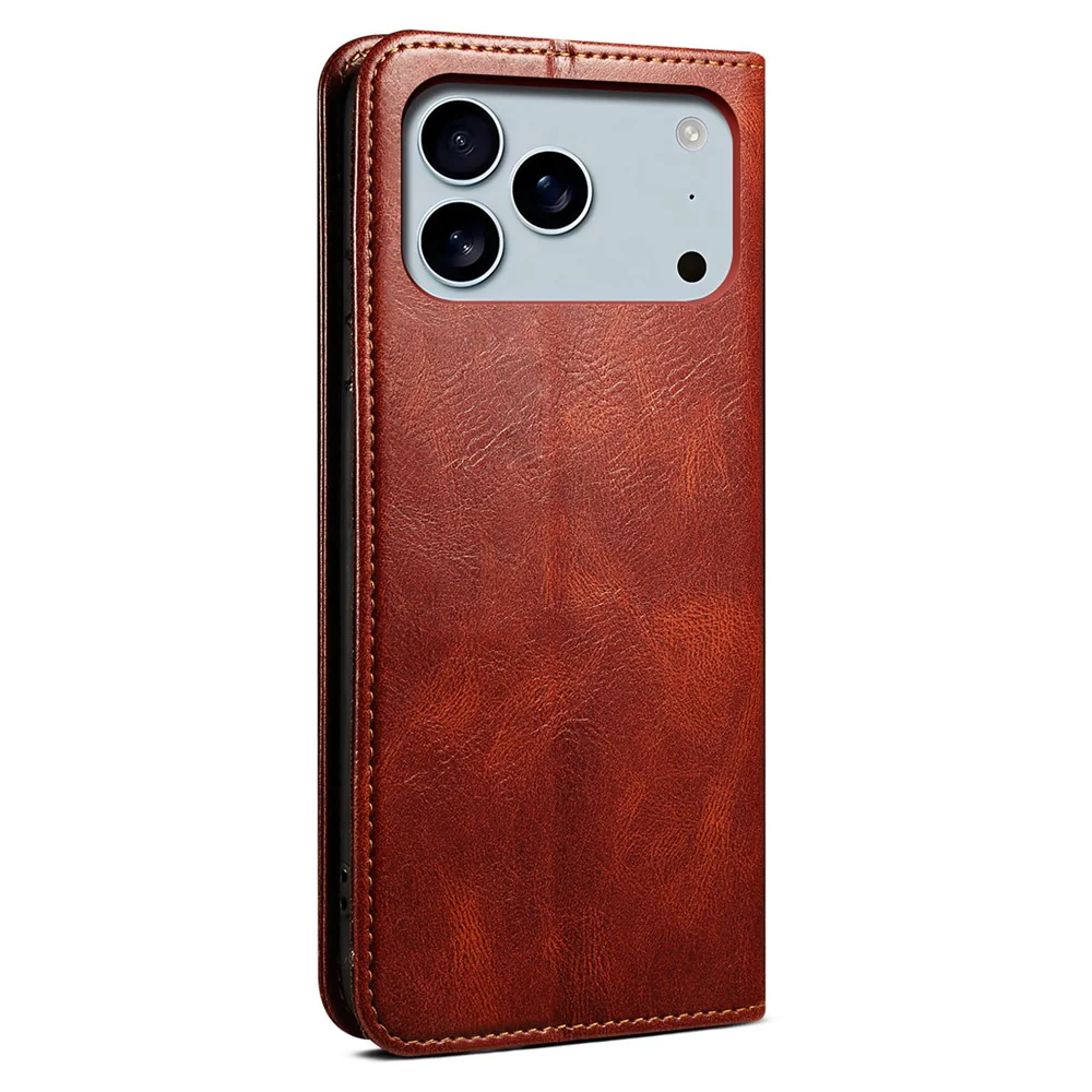For iPhone 17 Pro Max Case Crazy Horse Texture Waxy Leather Wallet Stand Phone Cover - Brown - Image 6