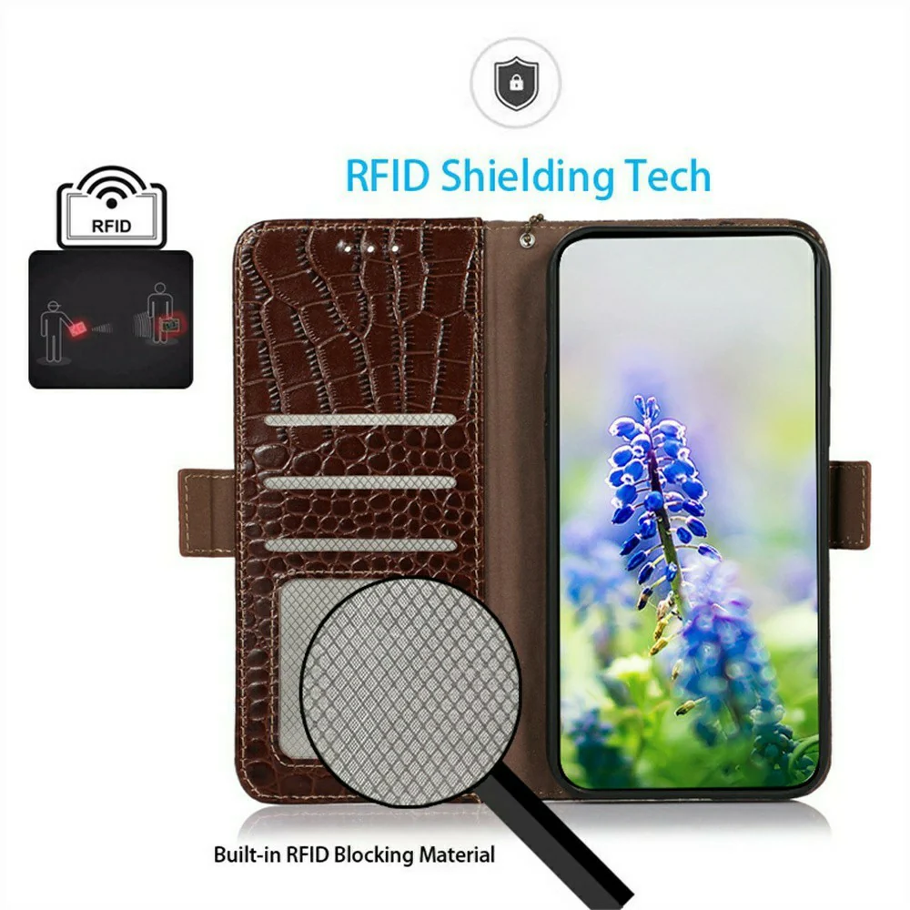 For iPhone 17 Pro Max Case Crocodile Texture Genuine Cow Leather Phone Wallet Cover - Brown - Image 4