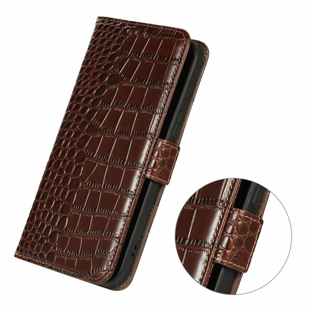 For iPhone 17 Pro Max Case Crocodile Texture Genuine Cow Leather Phone Wallet Cover - Brown - Image 6