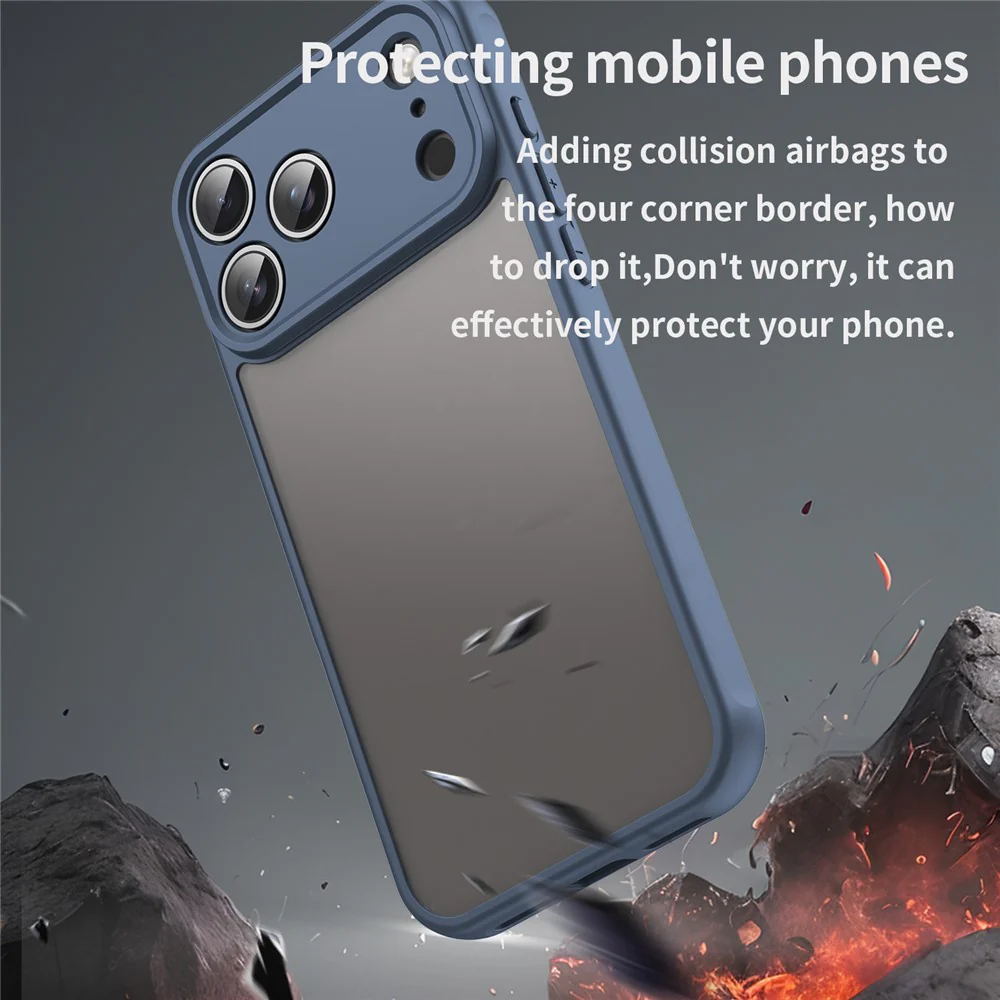 For iPhone 17 Pro Max Case Drop Proof Airbags Frosted Translucent PC + TPU Phone Back Cover - Blue - Image 5