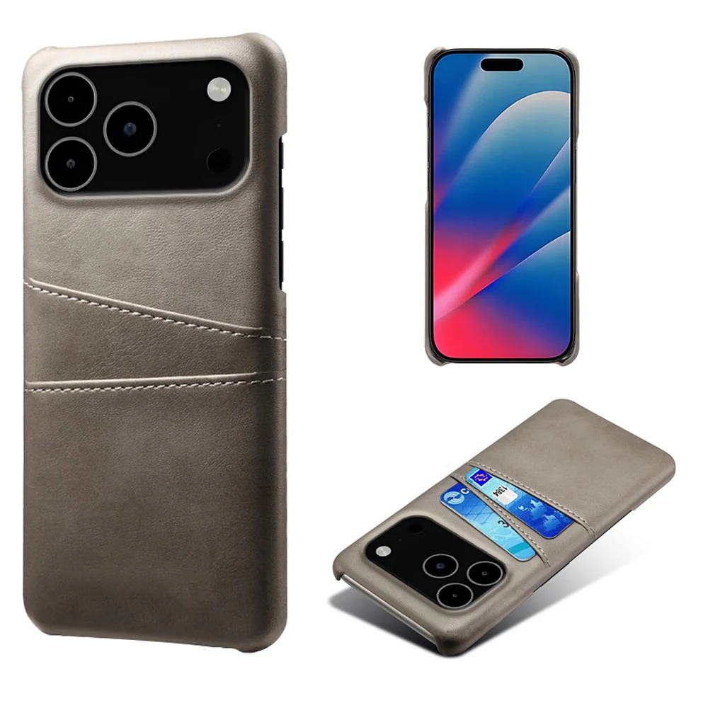 For iPhone 17 Pro Max Case Dual Card Slots PU Leather + Hard PC Phone Cover - Grey