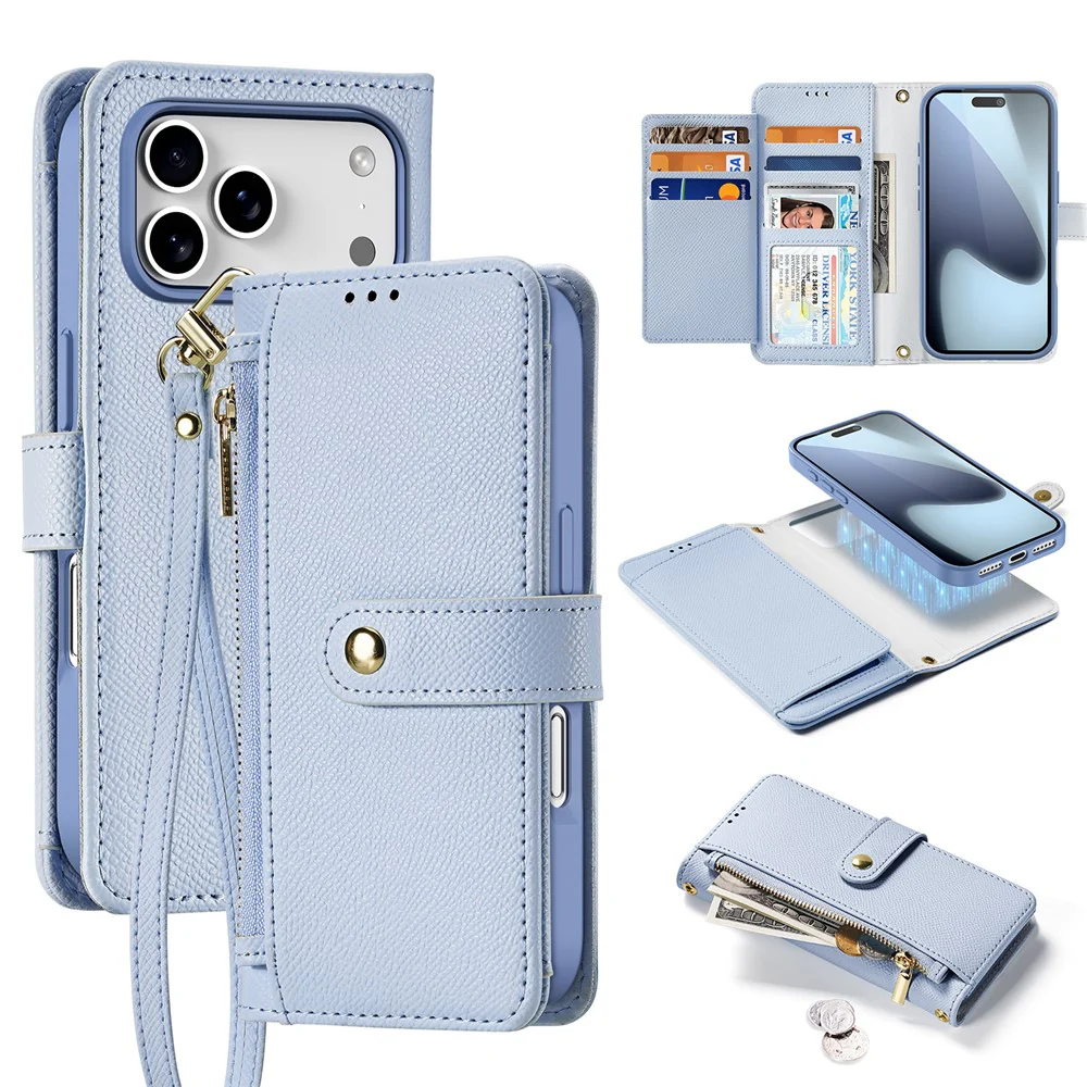 For iPhone 17 Pro Max Case DUX DUCIS Lawa Series Detachable Magnetic Cowhide Leather Cover Zipper Wallet - Light Blue