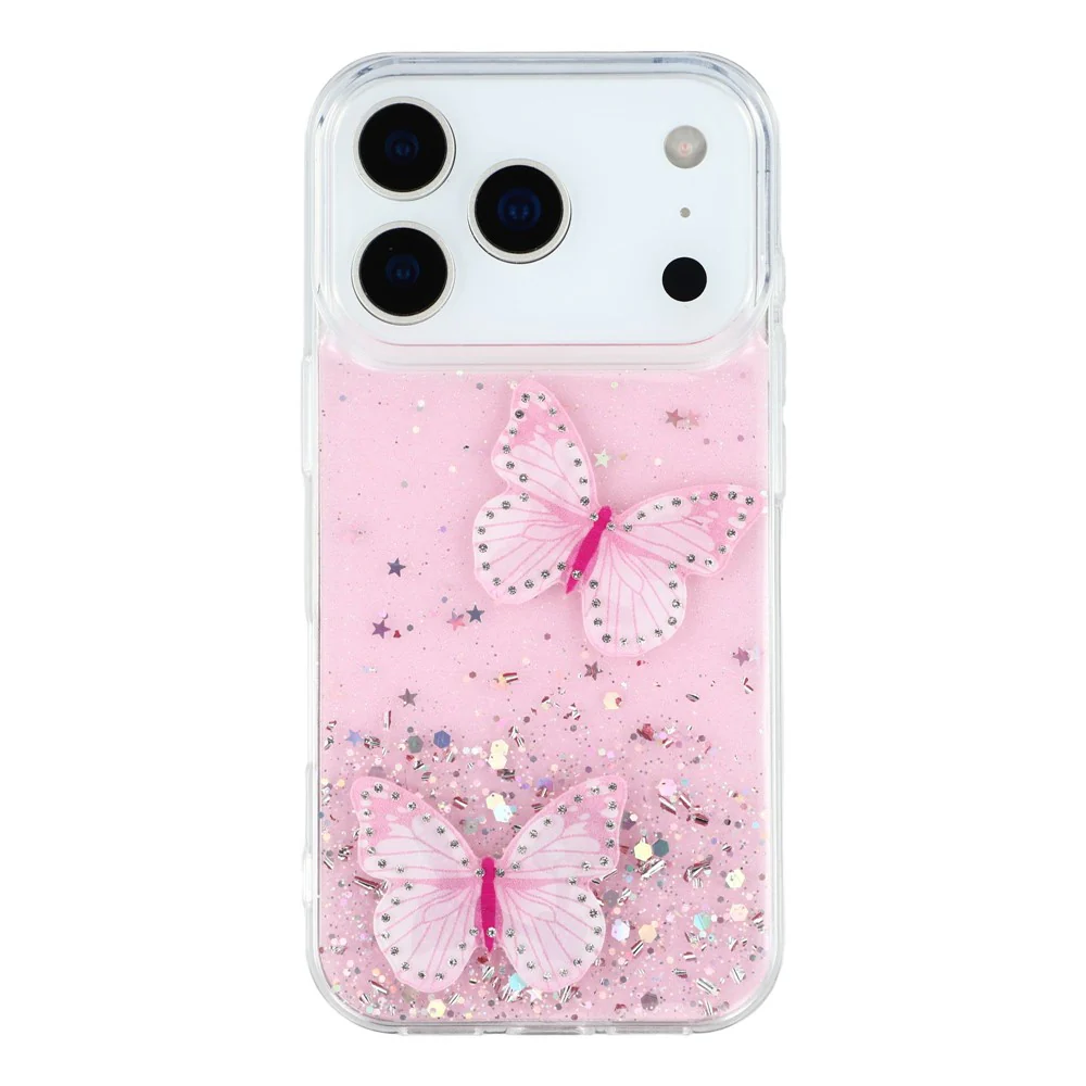 For iPhone 17 Pro Max Case Epoxy PVC Butterfly TPU Aesthetics Phone Cover - Pink - Image 3