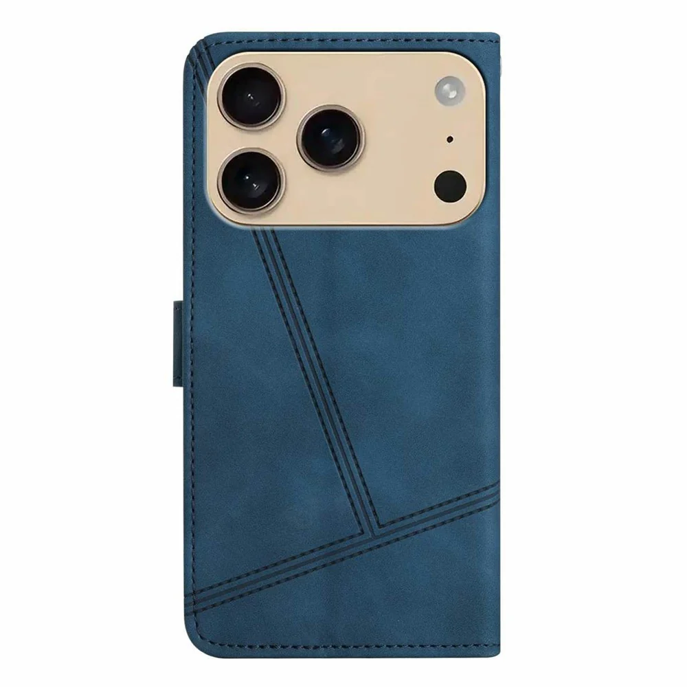 For iPhone 17 Pro Max Case Flip Leather Retro Phone Cover Lines Imprinted - Blue - Image 8