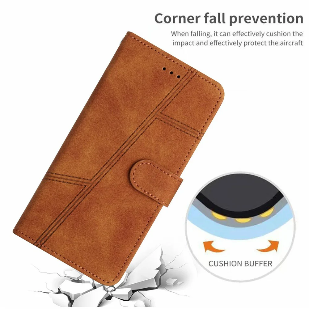 For iPhone 17 Pro Max Case Flip Leather Retro Phone Cover Lines Imprinted - Brown - Image 5