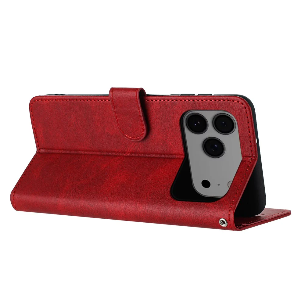 For iPhone 17 Pro Max Case Flip Stand Calf Texture PU Leather Wallet Phone Cover with Strap - Red - Image 3