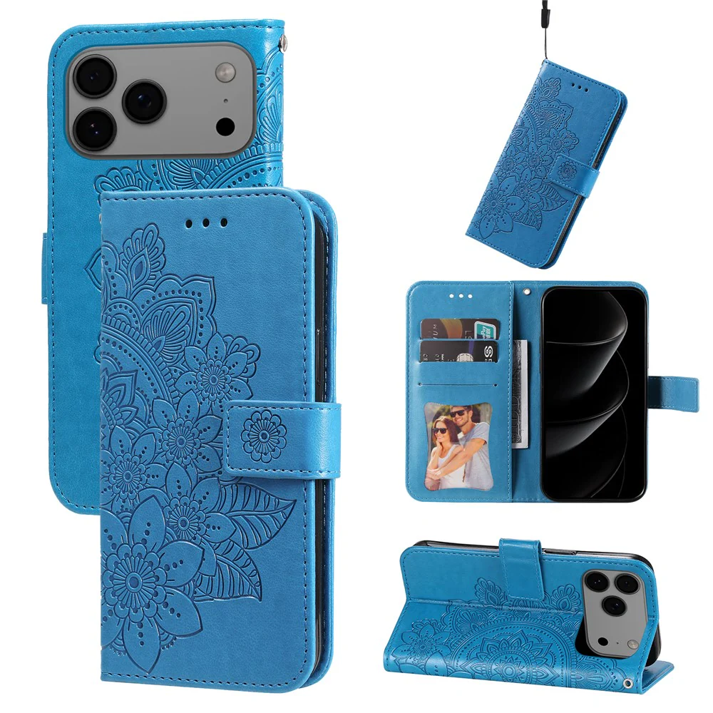 For iPhone 17 Pro Max Case Floral Pattern PU Leather Wallet Stand Phone Cover - Blue - Image 3