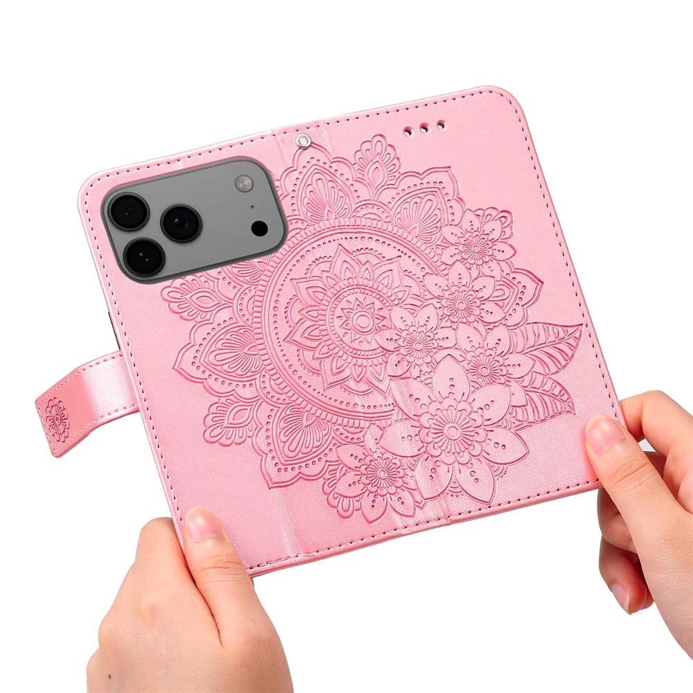 For iPhone 17 Pro Max Case Floral Pattern PU Leather Wallet Stand Phone Cover - Pink - Image 2