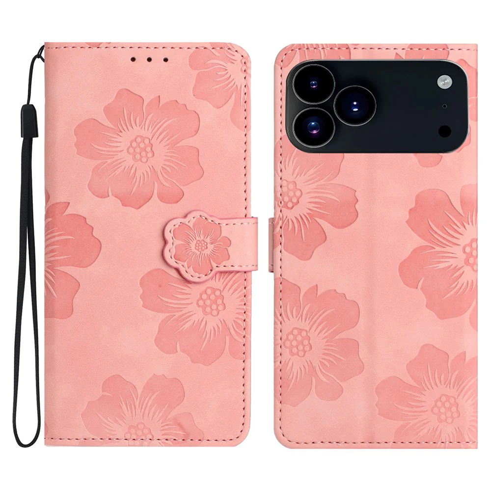 For iPhone 17 Pro Max Case Flower Design Leather Wallet Phone Cover with Wrist Strap - Pink
