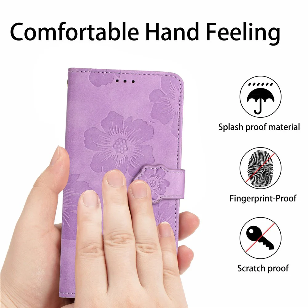 For iPhone 17 Pro Max Case Flower Design Leather Wallet Phone Cover with Wrist Strap - Purple - Image 5