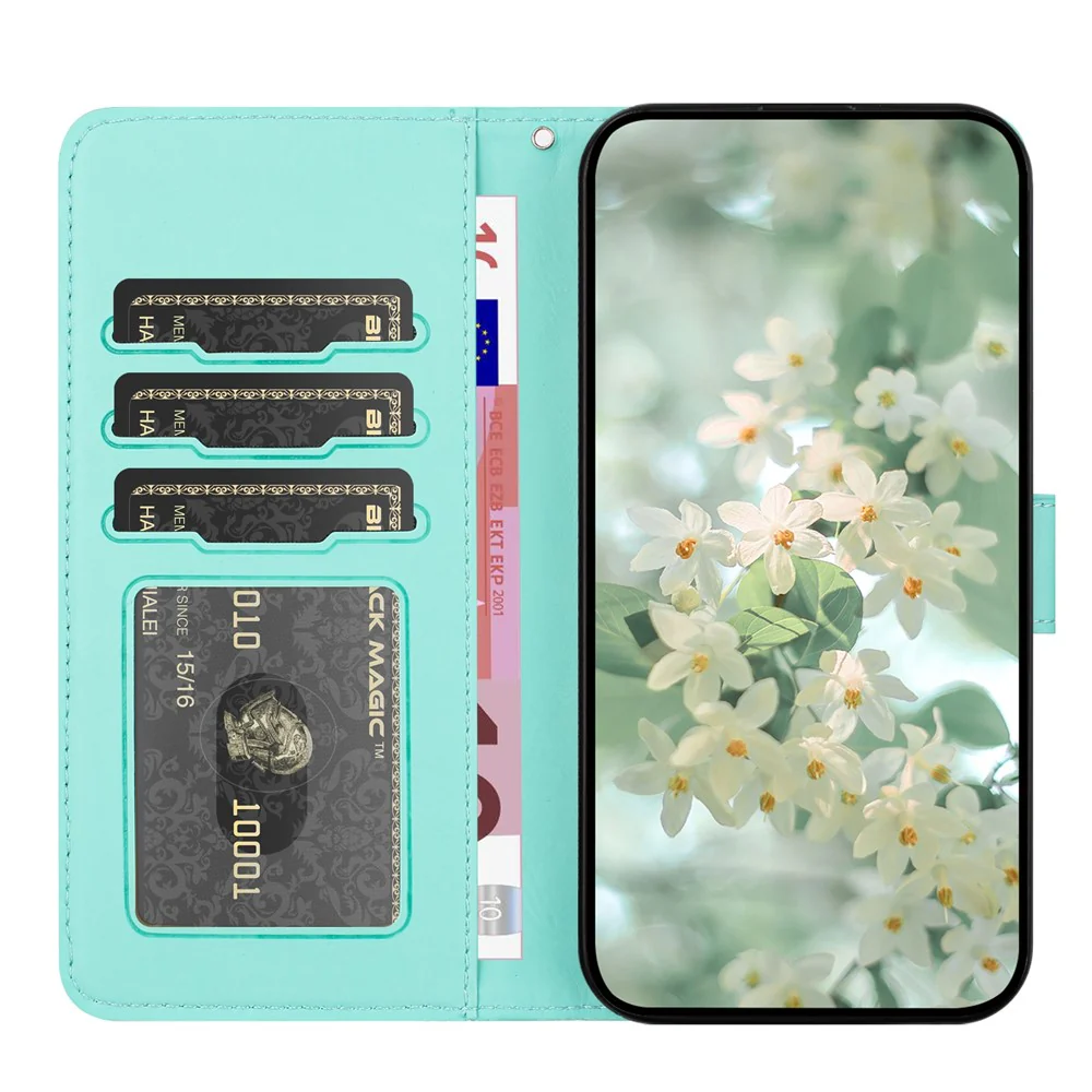 For iPhone 17 Pro Max Case Flower Imprint Leather Flip Wallet Phone Cover with Wrist Strap - Light Green - Image 2