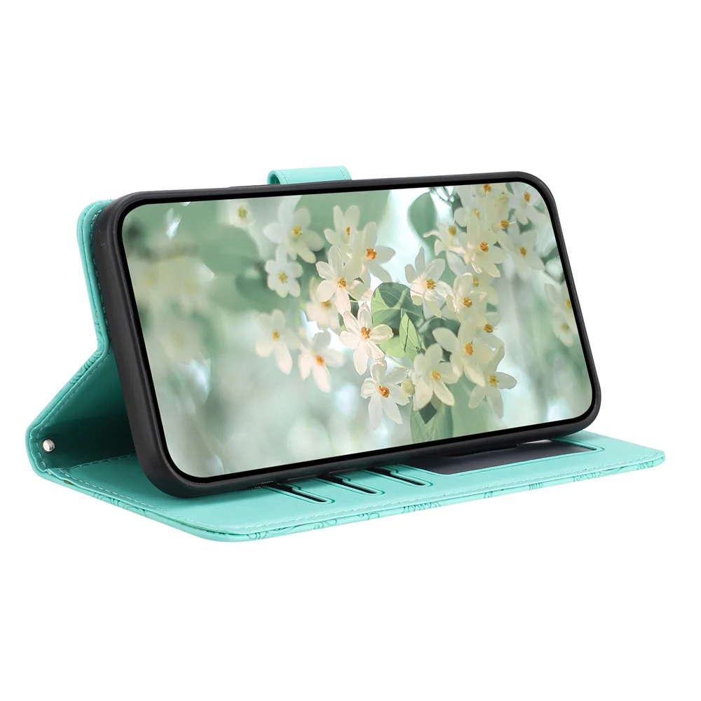 For iPhone 17 Pro Max Case Flower Imprint Leather Flip Wallet Phone Cover with Wrist Strap - Light Green - Image 3