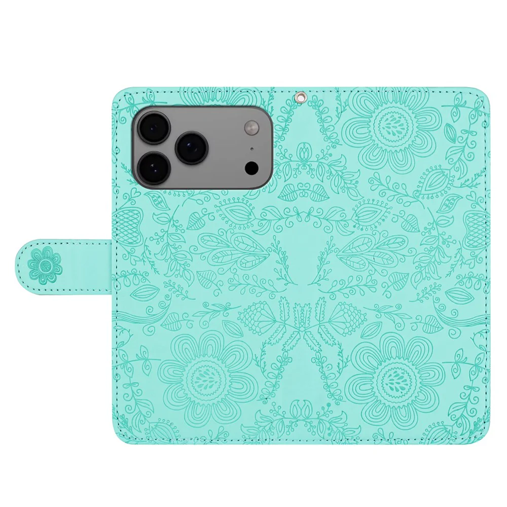 For iPhone 17 Pro Max Case Flower Imprint Leather Flip Wallet Phone Cover with Wrist Strap - Light Green - Image 4