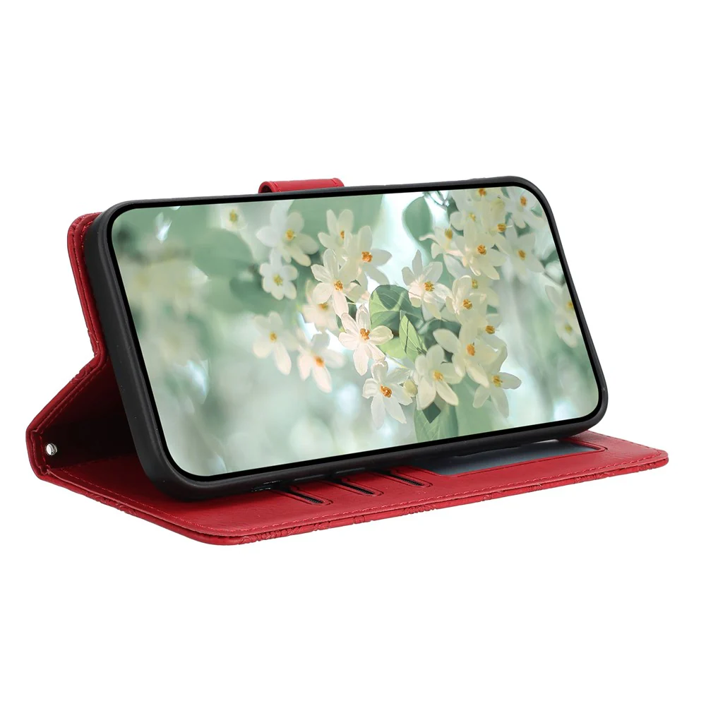 For iPhone 17 Pro Max Case Flower Imprint Leather Flip Wallet Phone Cover with Wrist Strap - Red - Image 3