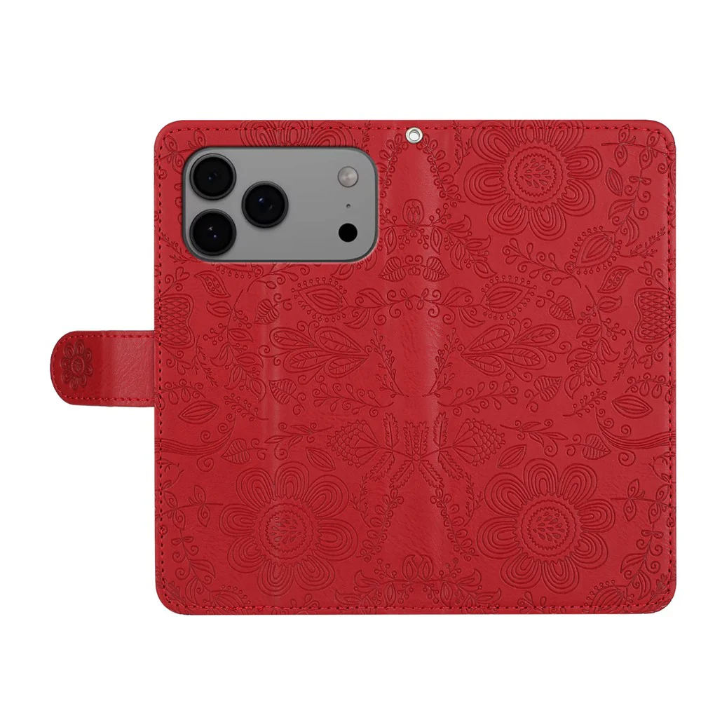 For iPhone 17 Pro Max Case Flower Imprint Leather Flip Wallet Phone Cover with Wrist Strap - Red - Image 4