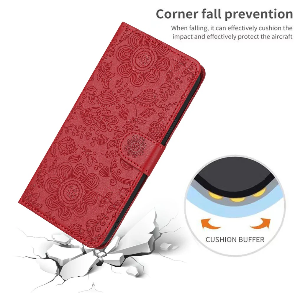 For iPhone 17 Pro Max Case Flower Imprint Leather Flip Wallet Phone Cover with Wrist Strap - Red - Image 5