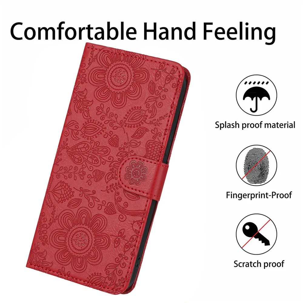 For iPhone 17 Pro Max Case Flower Imprint Leather Flip Wallet Phone Cover with Wrist Strap - Red - Image 6