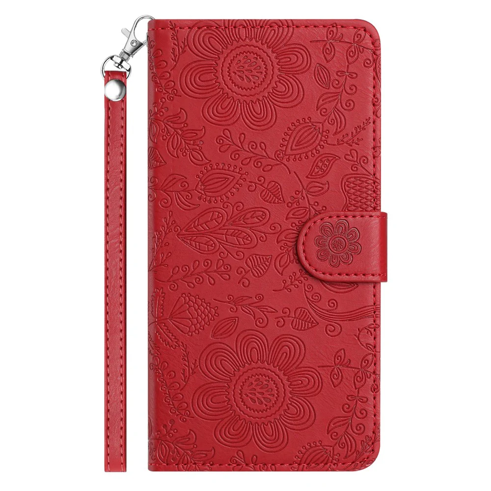 For iPhone 17 Pro Max Case Flower Imprint Leather Flip Wallet Phone Cover with Wrist Strap - Red - Image 8