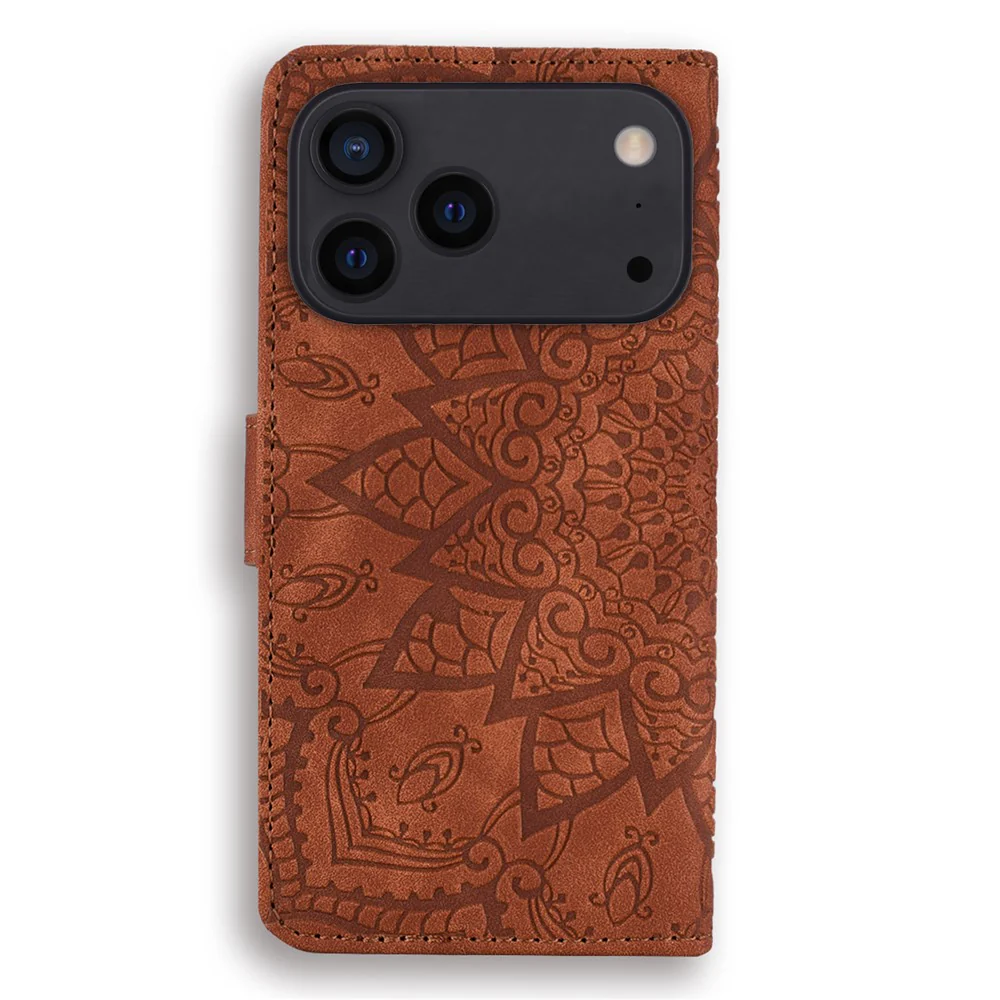For iPhone 17 Pro Max Case Flower Imprinted PU Leather Wallet Flip Phone Cover with Wrist Strap - Brown - Image 6