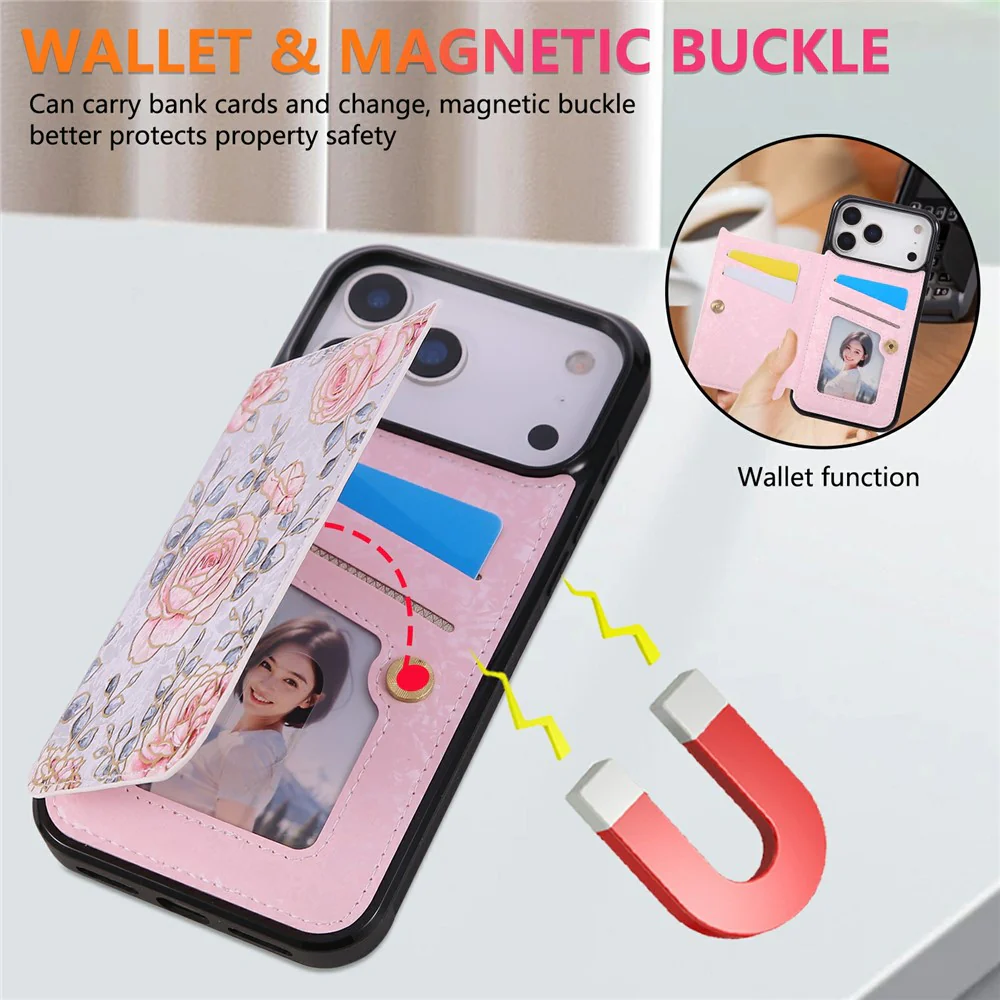 For iPhone 17 Pro Max Case Flower Leather TPU RFID Blocking Phone Cover Card Slots - Rose - Image 5