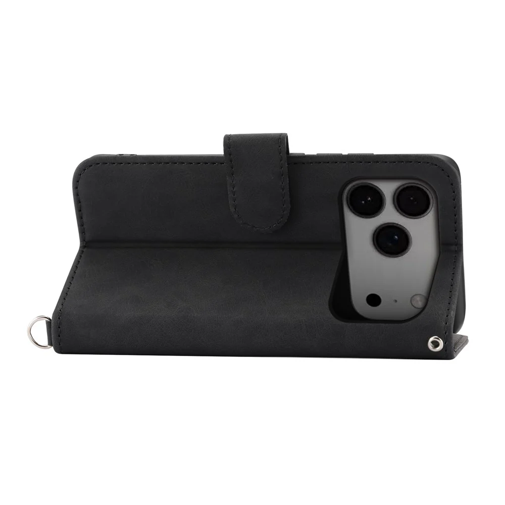For iPhone 17 Pro Max Case Flower Pattern PU Leather Wallet Phone Cover with Strap - Black - Image 2