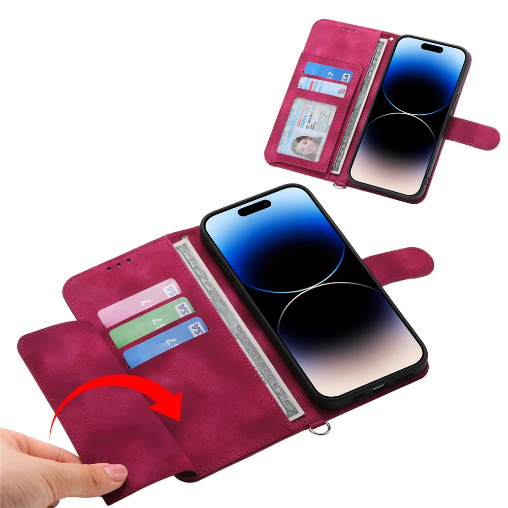 For iPhone 17 Pro Max Case Flower Pattern PU Leather Wallet Phone Cover with Strap - Wine Red - Image 3