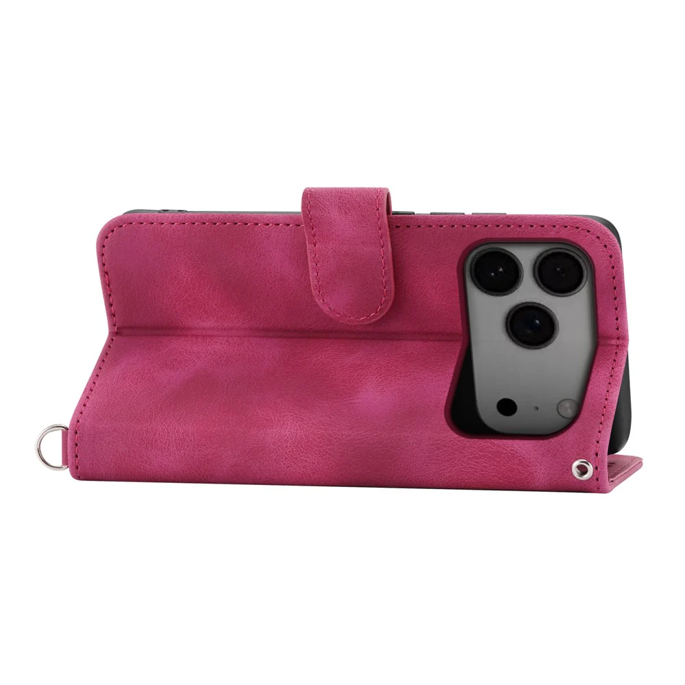 For iPhone 17 Pro Max Case Flower Pattern PU Leather Wallet Phone Cover with Strap - Wine Red - Image 4