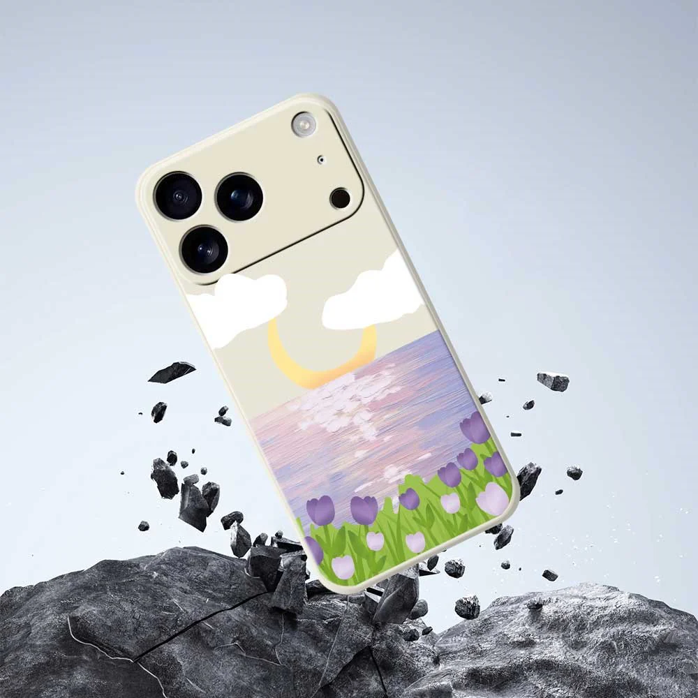 For iPhone 17 Pro Max Case Flowers and Sea Pattern Printing Straight Edge TPU Phone Back Cover - Beige - Image 7
