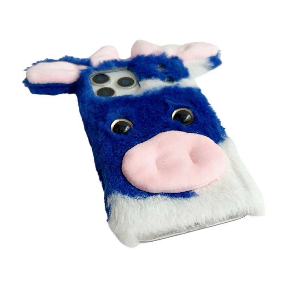 For iPhone 17 Pro Max Case Fluffy Cute Cow Winter Plush Inner TPU Phone Cover - Black - Image 4
