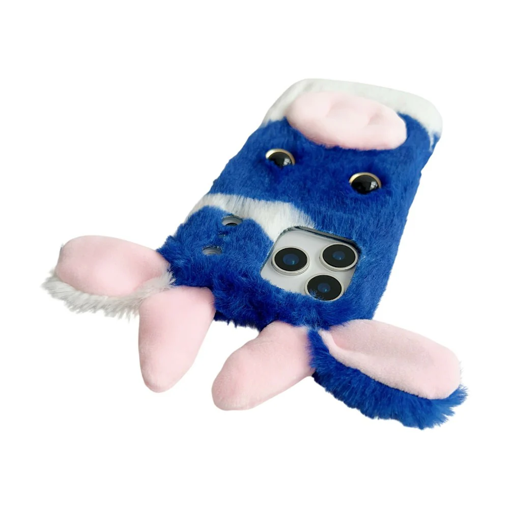 For iPhone 17 Pro Max Case Fluffy Cute Cow Winter Plush Inner TPU Phone Cover - Blue - Image 6