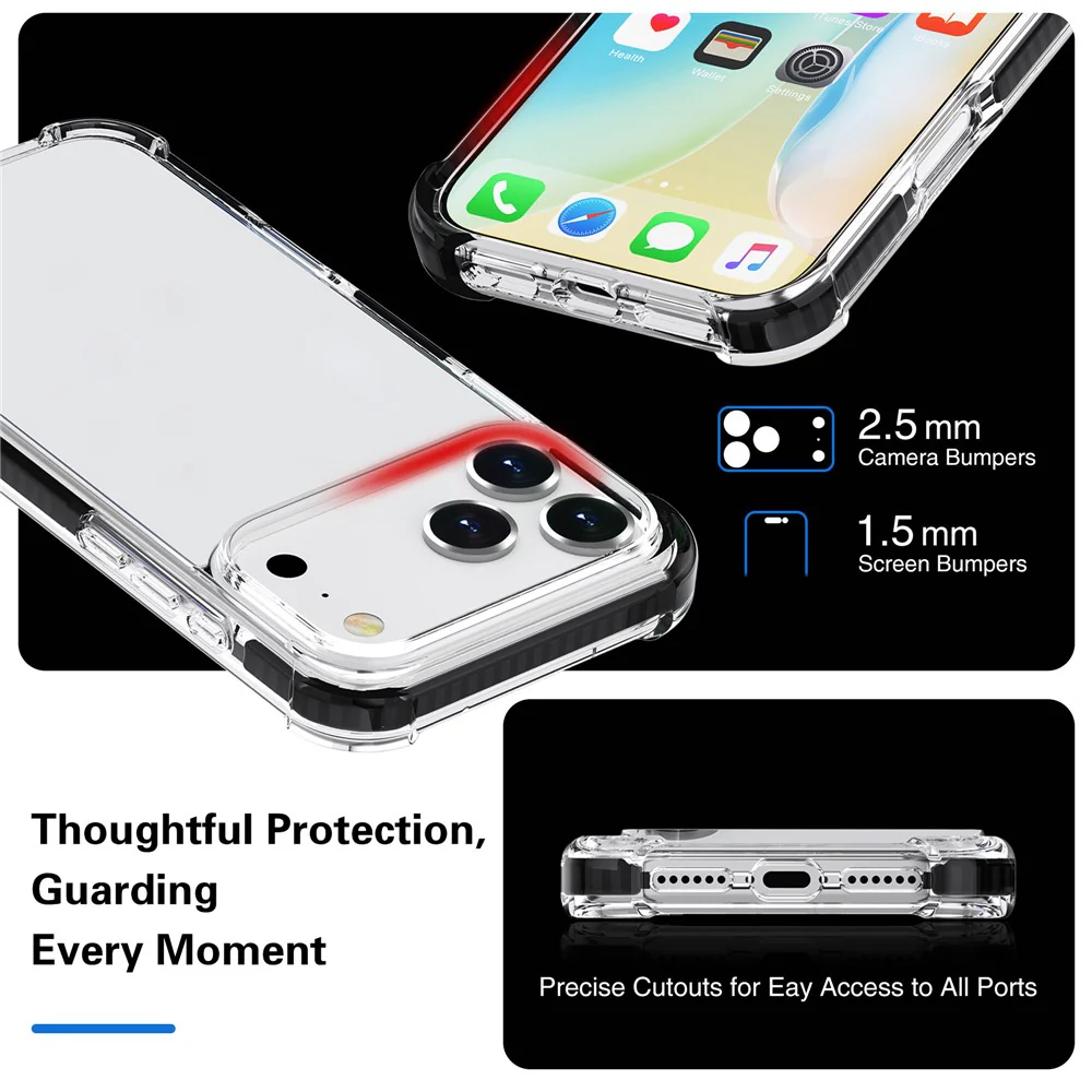 For iPhone 17 Pro Max Case Four Corners Anti Drop Clear TPU + TPE + PC Phone Cover - Transparent Black - Image 2
