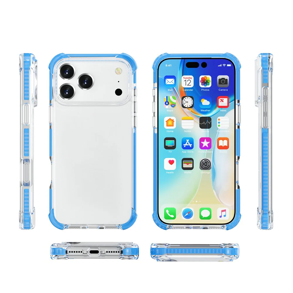 For iPhone 17 Pro Max Case Four Corners Anti Drop Clear TPU + TPE + PC Phone Cover - Transparent Blue - Image 5
