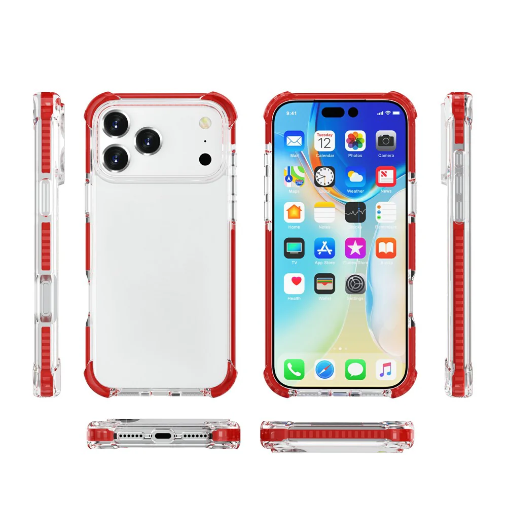 For iPhone 17 Pro Max Case Four Corners Anti Drop Clear TPU + TPE + PC Phone Cover - Transparent Red - Image 5