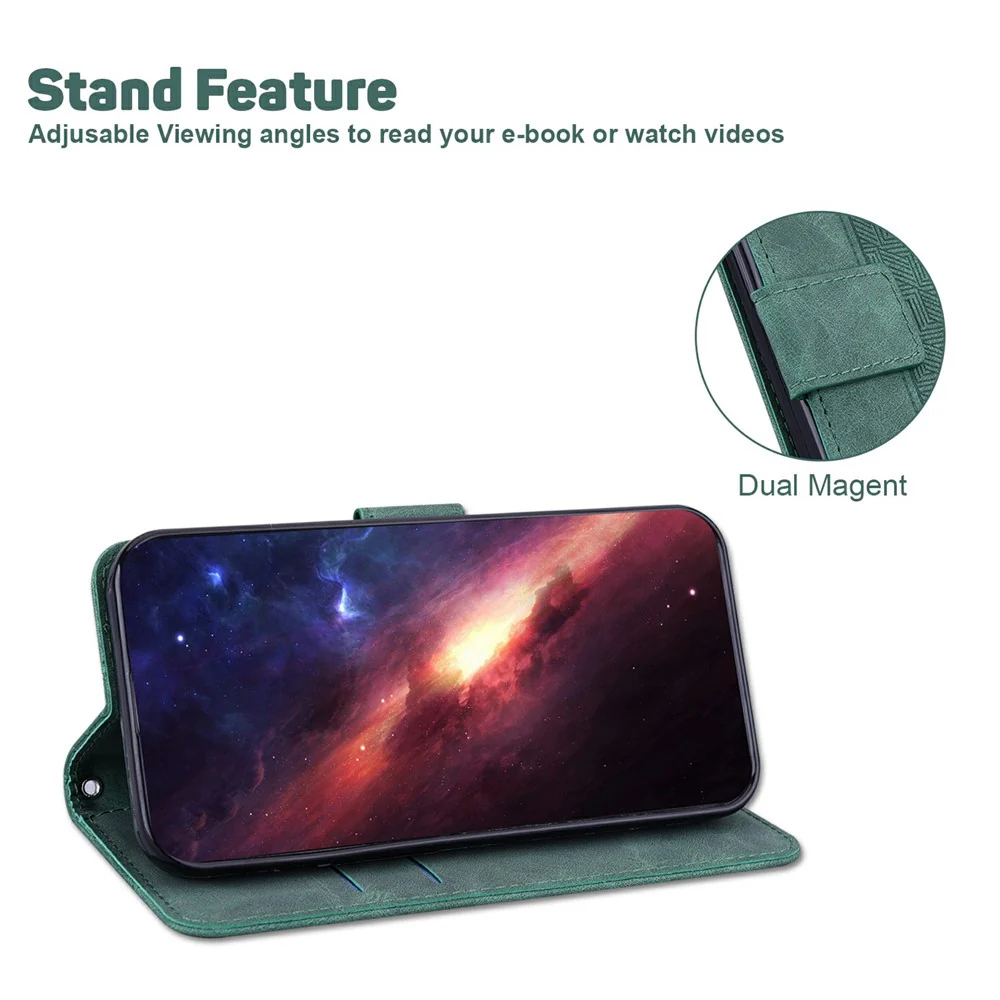 For iPhone 17 Pro Max Case Geometry Pattern Leather Wallet Phone Cover with Wrist Strap - Green - Image 3