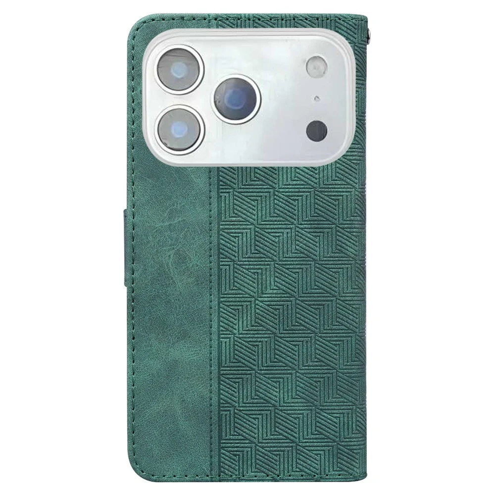 For iPhone 17 Pro Max Case Geometry Pattern Leather Wallet Phone Cover with Wrist Strap - Green - Image 7