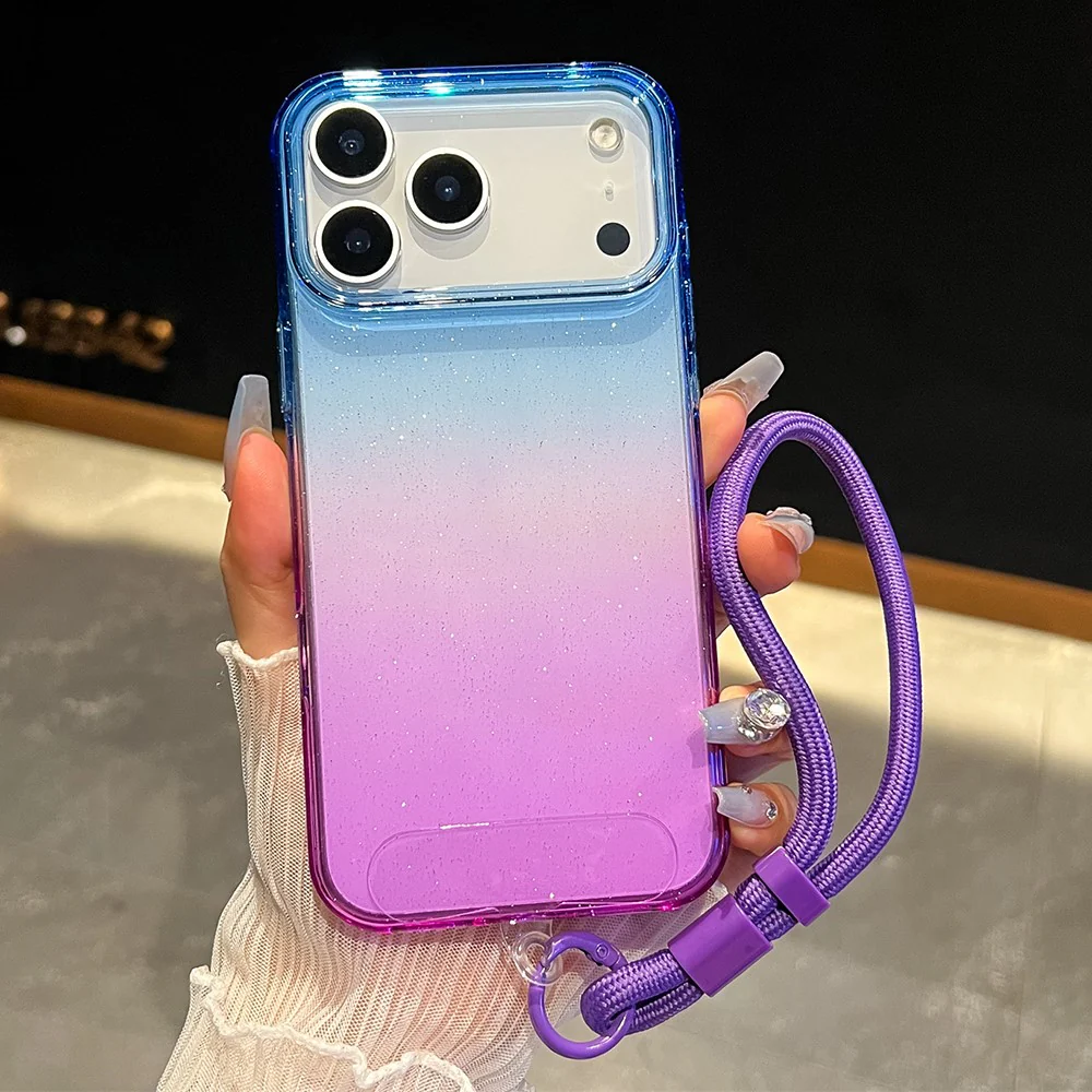 For iPhone 17 Pro Max Case Glitter Dual Color PC + TPU Clear Phone Cover with Hand Strap - Blue / Purple - Image 2